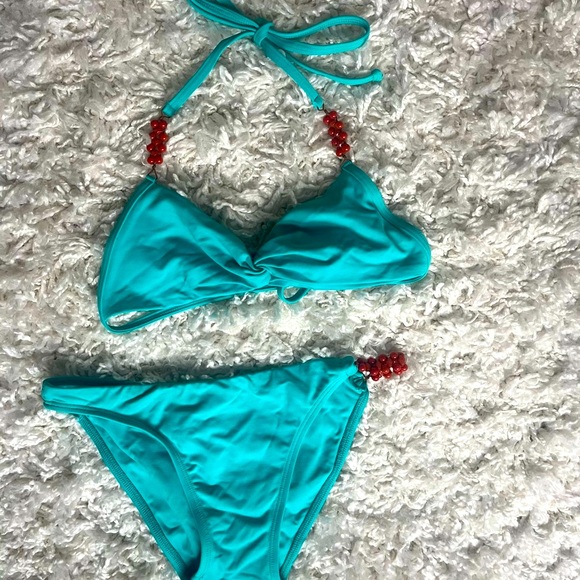 Turquoise Bikini with Red Bead Accents